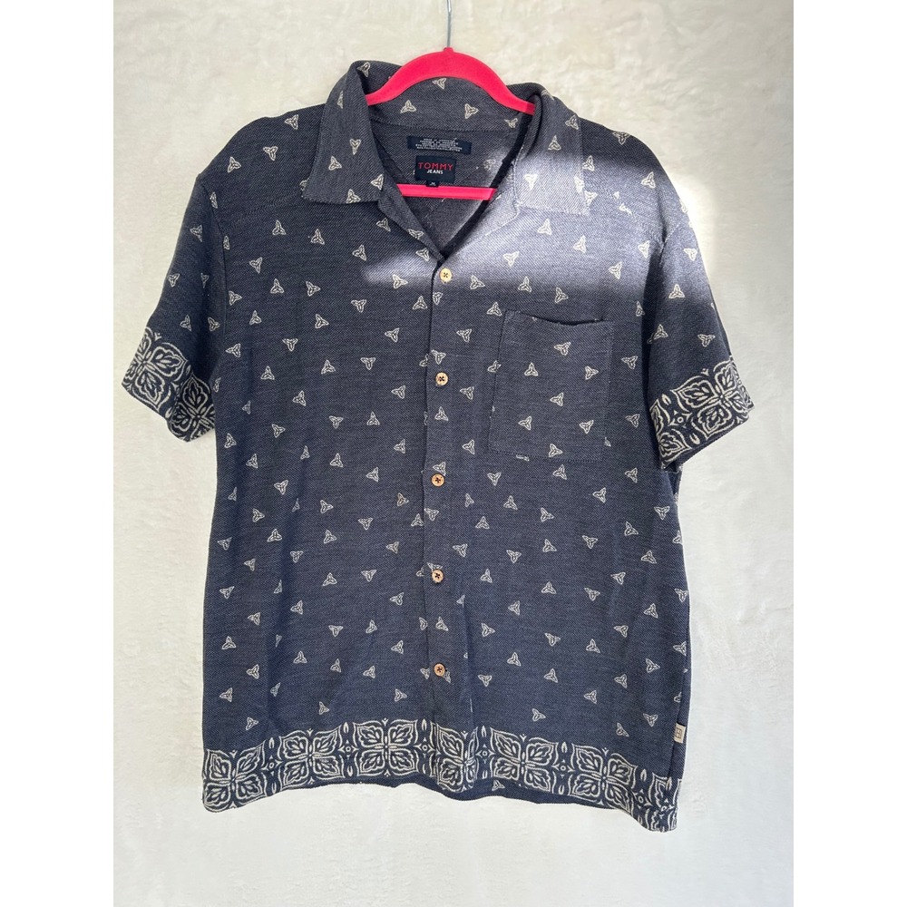 Tommy Jeans Mens Medium Navy Blue‎ Geometric Knit Camp Collar Button Down Shirt